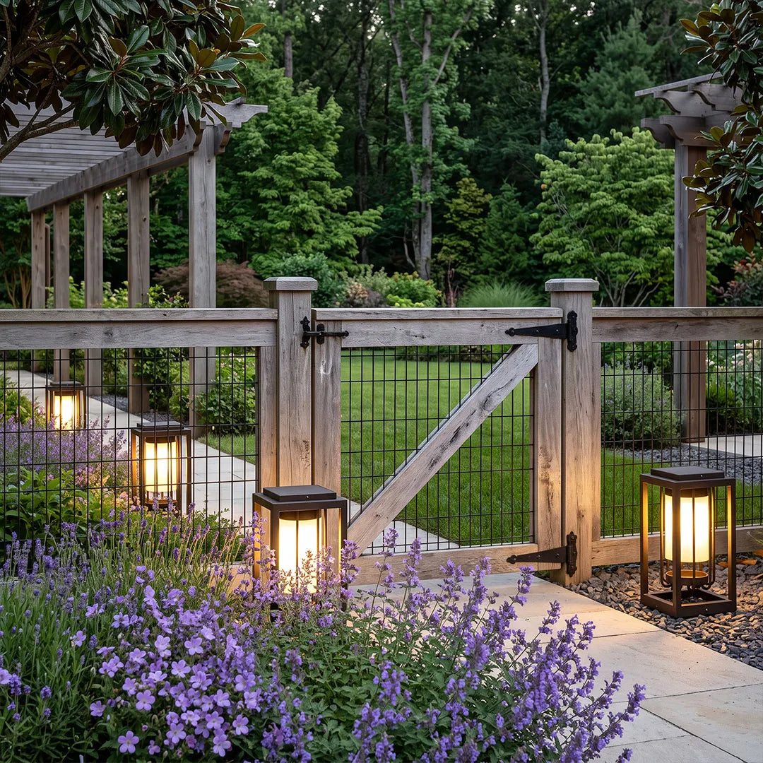 Outdoor lantern light fixture installed near a wooden gate and flower beds in a landscaped yard.