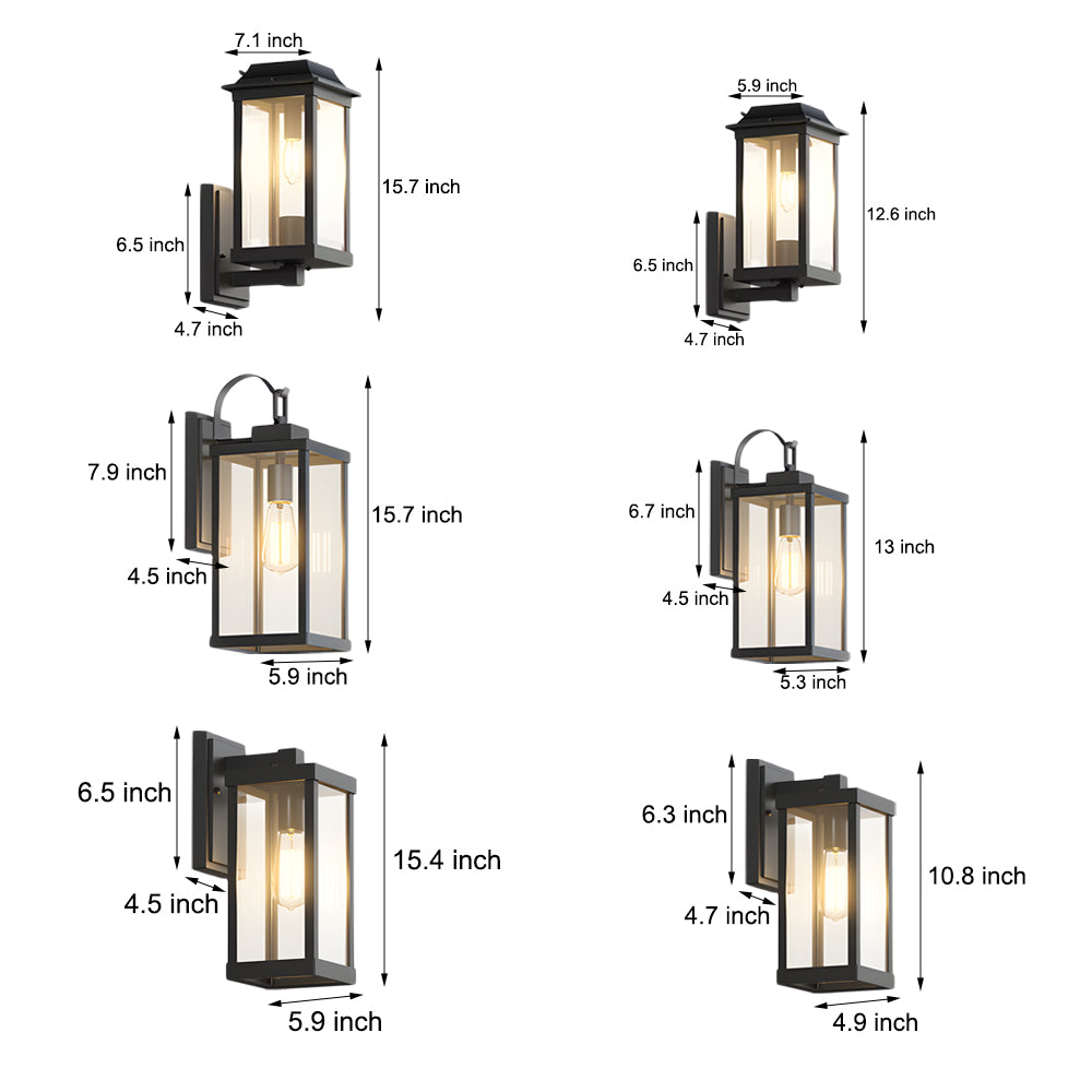 Comprehensive specification chart displaying dimensions and measurements for complete outdoor lantern collection