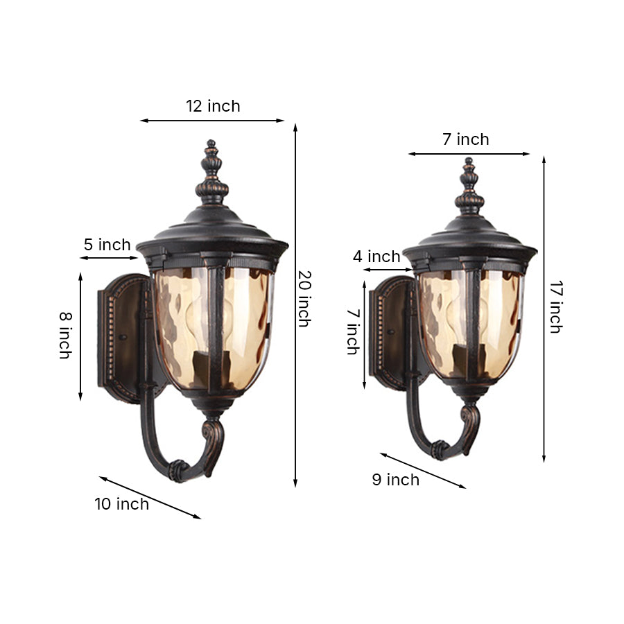 Technical specification drawing showing dimensions of outdoor lantern models