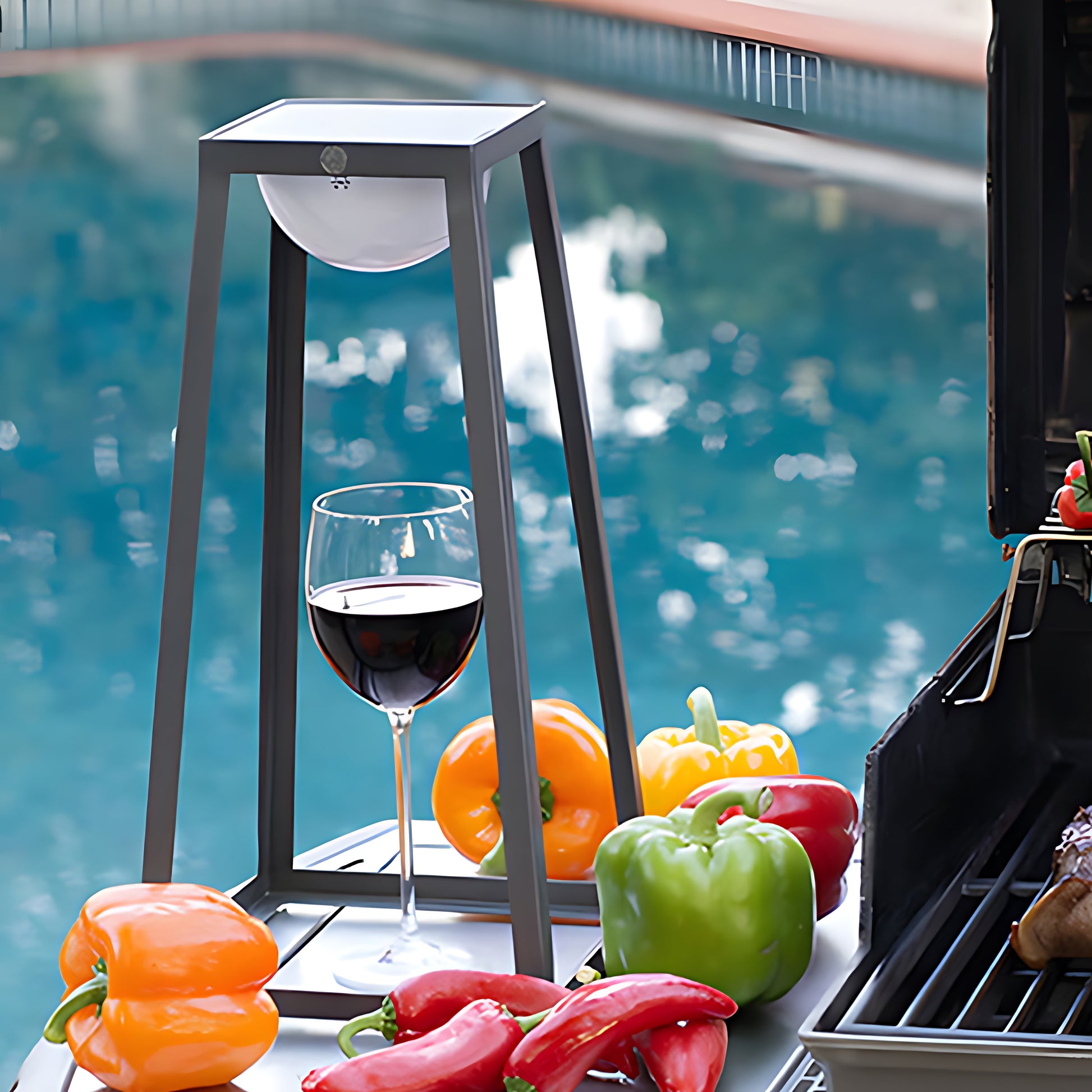 Elegant outdoor lantern providing ambient lighting for waterside dining setup with wine and fruit