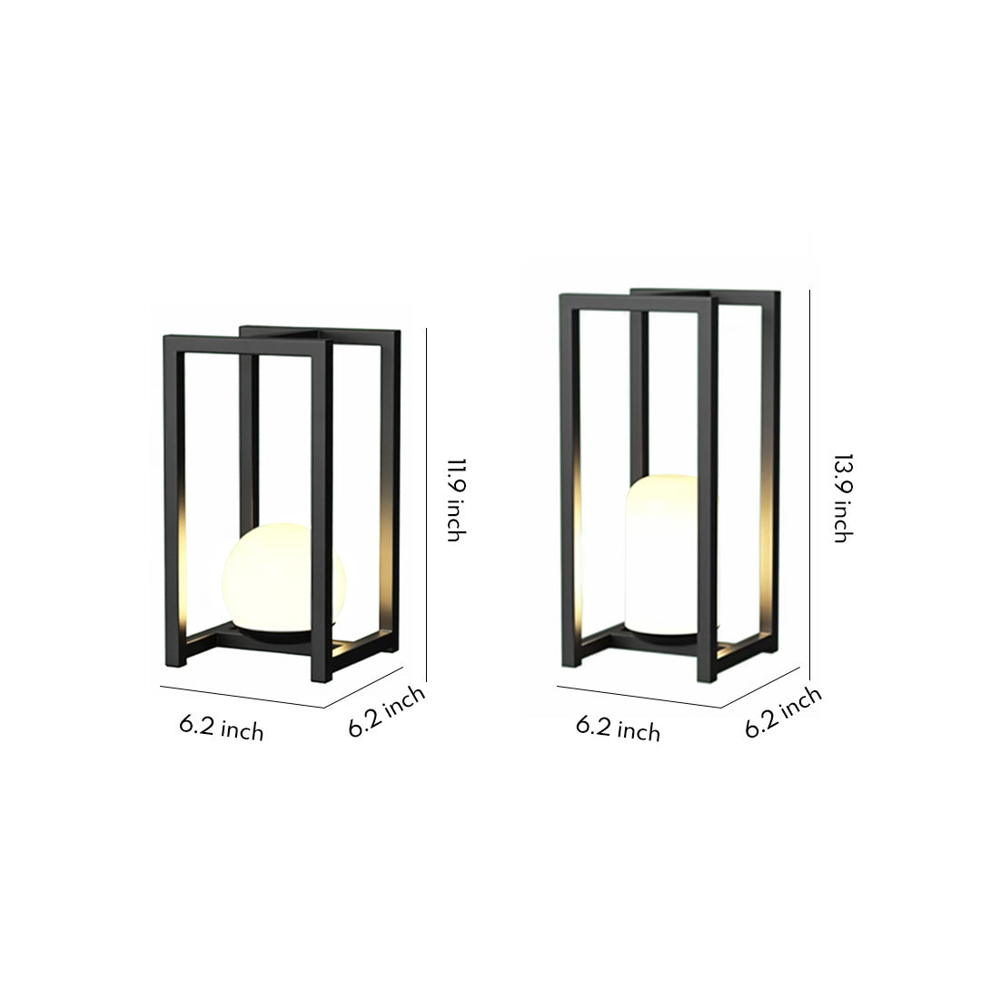 Black rectangular outdoor lanterns black set featuring open-frame design and warm internal lighting on white background.