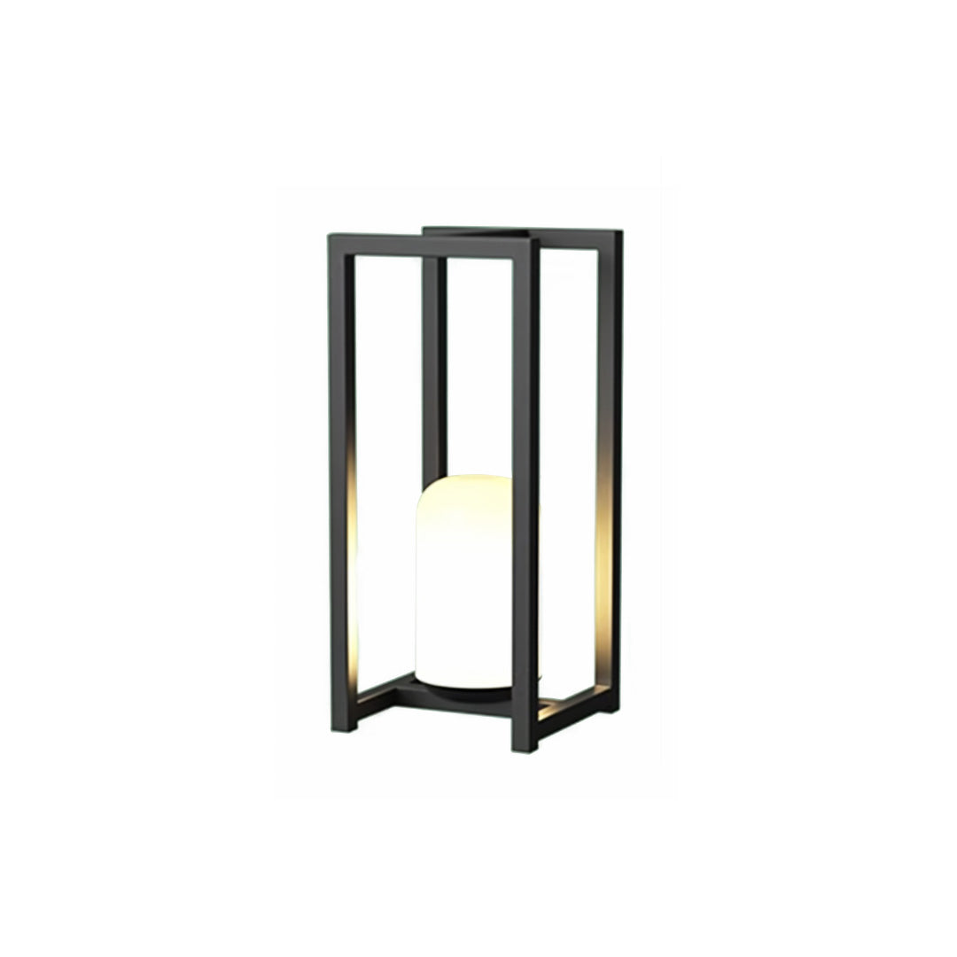 Tall and narrow outdoor lanterns black fixture with modern open-frame design and warm lighting.