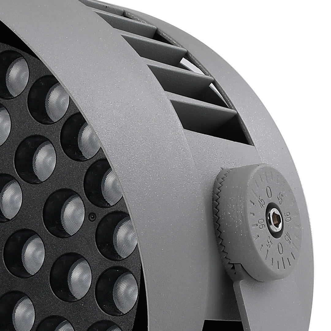 Close-up detail of outdoor LED garden spotlight displaying high-intensity LED array and optical design