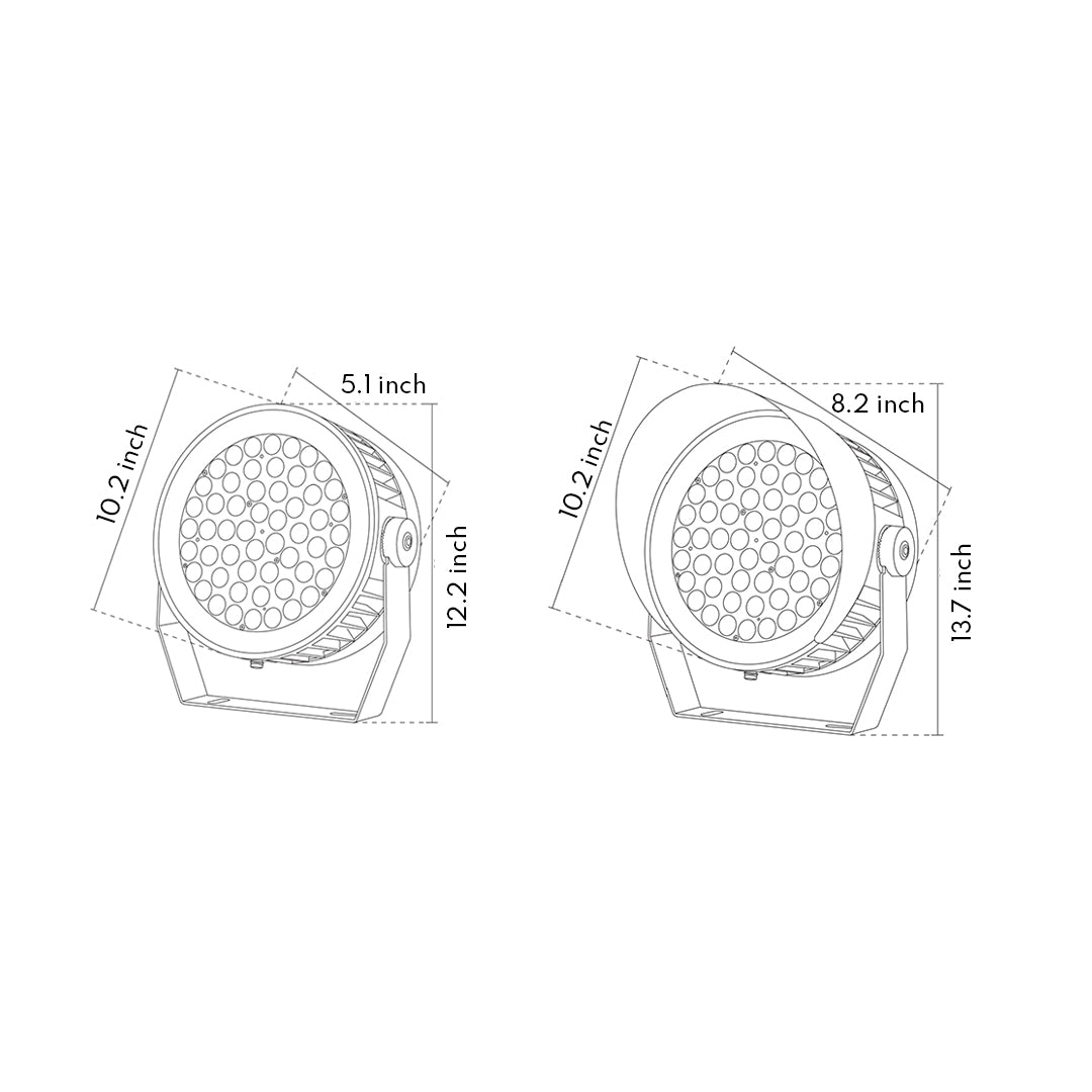 Technical diagram of outdoor LED garden spotlights showing beam angle and installation specifications