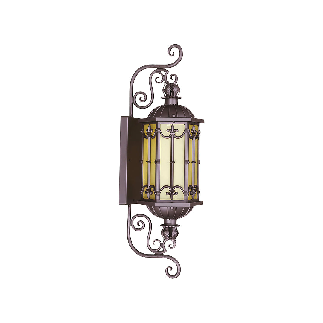 Outdoor LED light fixture with antique styling, mounted beside a beautiful garden wall.