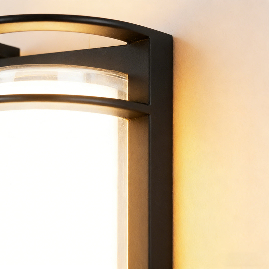 Outdoor LED light fixtures wall mount with a close-up of its illuminated horizontal design.