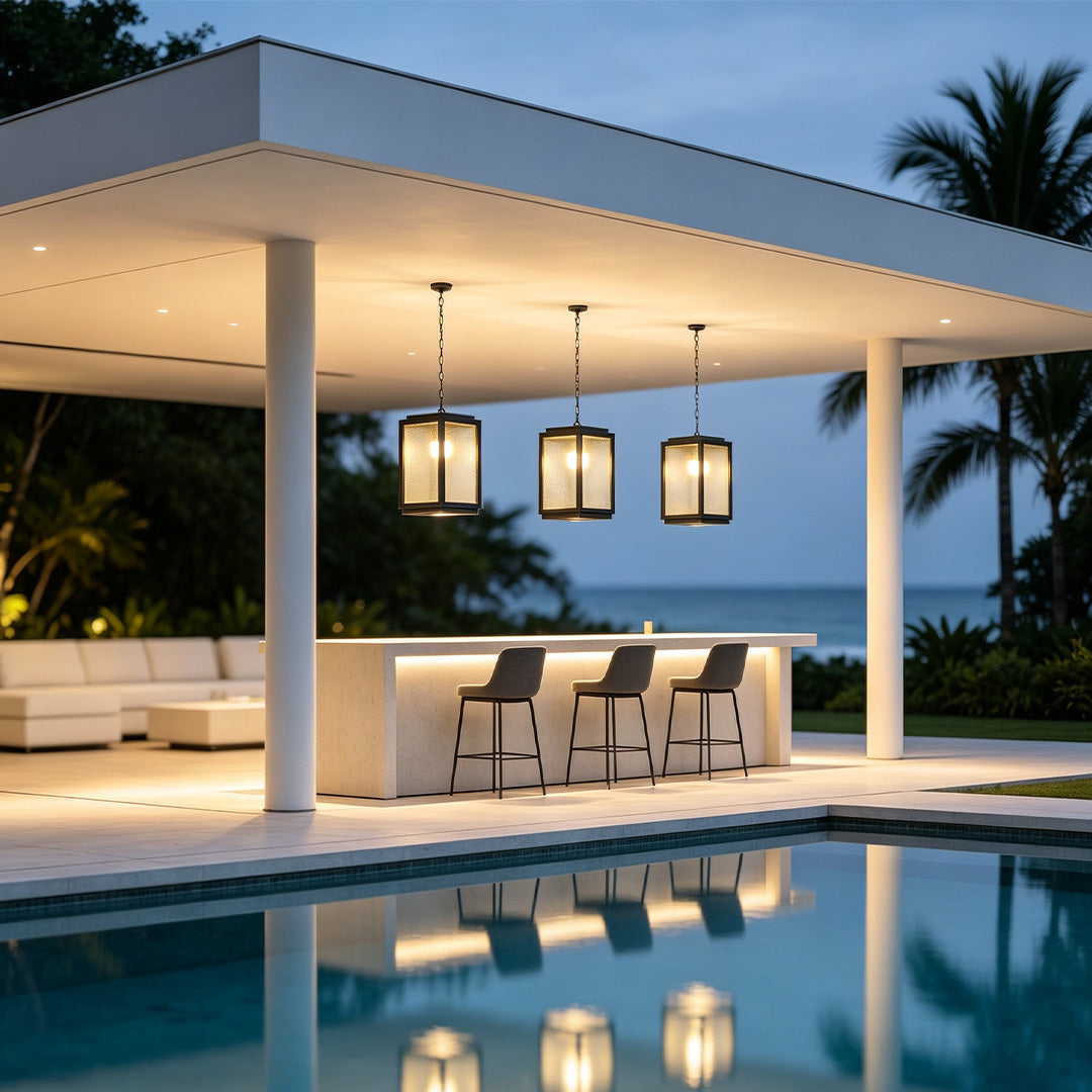 Outdoor LED pendant light fixtures providing energy-efficient and stylish illumination for patios, porches, and outdoor living spaces