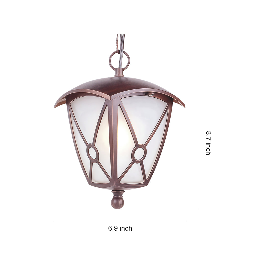 Outdoor LED pendant light with V-pattern frosted glass and bronze chain suspension, displayed with dimensions