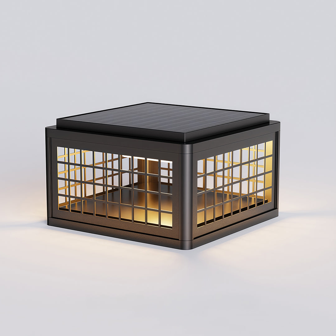 Outdoor LED pillar light featuring a black square design with a grid pattern and warm light.