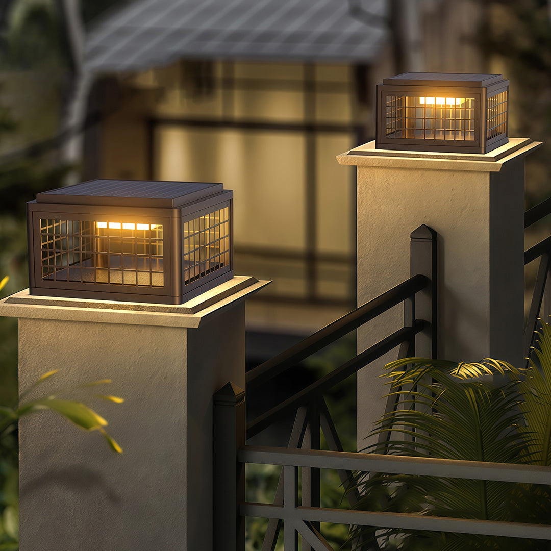 Outdoor LED pillar light in a nighttime setting, showcasing the warm and cozy illumination.