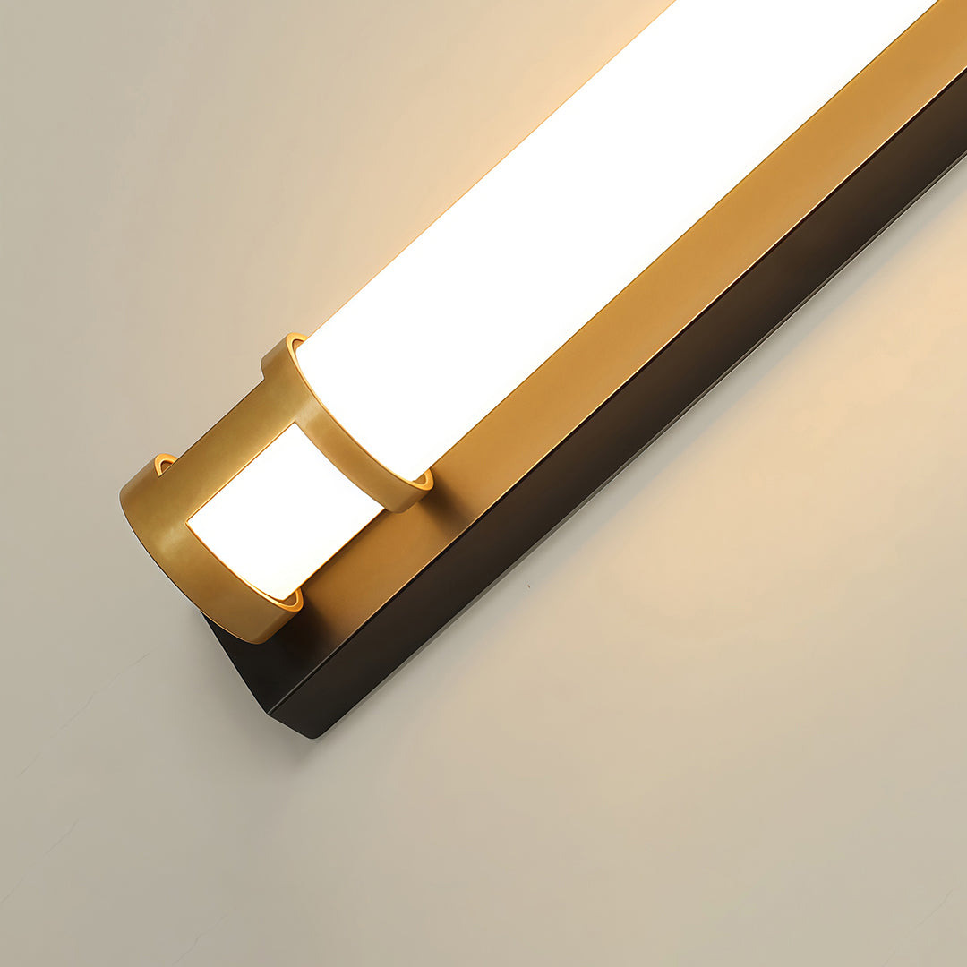 Outdoor led wall sconce lighting close-up highlighting brass frame and LED strip design