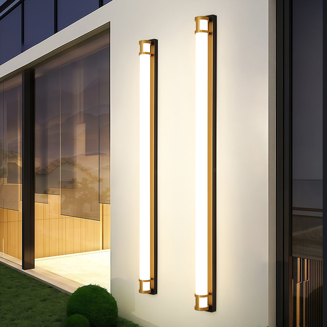 Outdoor led wall sconce lighting pair illuminating modern entrance with vertical LED strips
