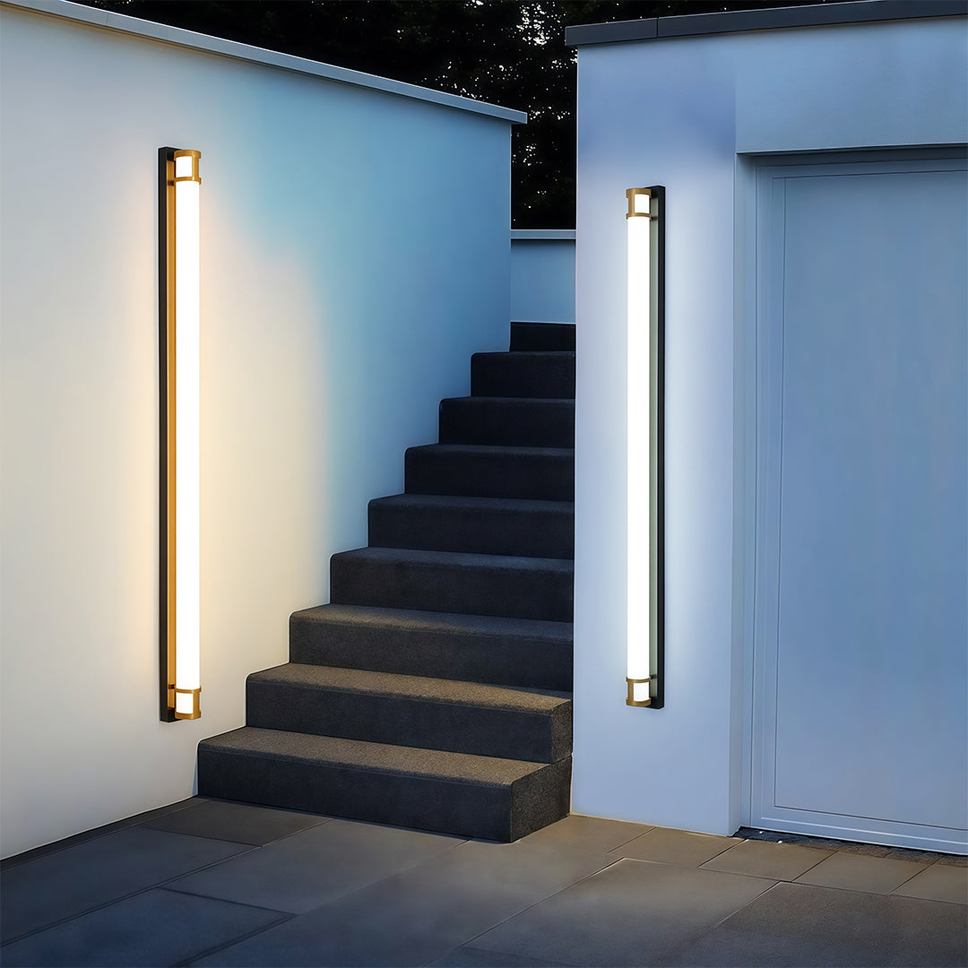 Outdoor led wall sconce lighting pair flanking stairway in modern architectural setting