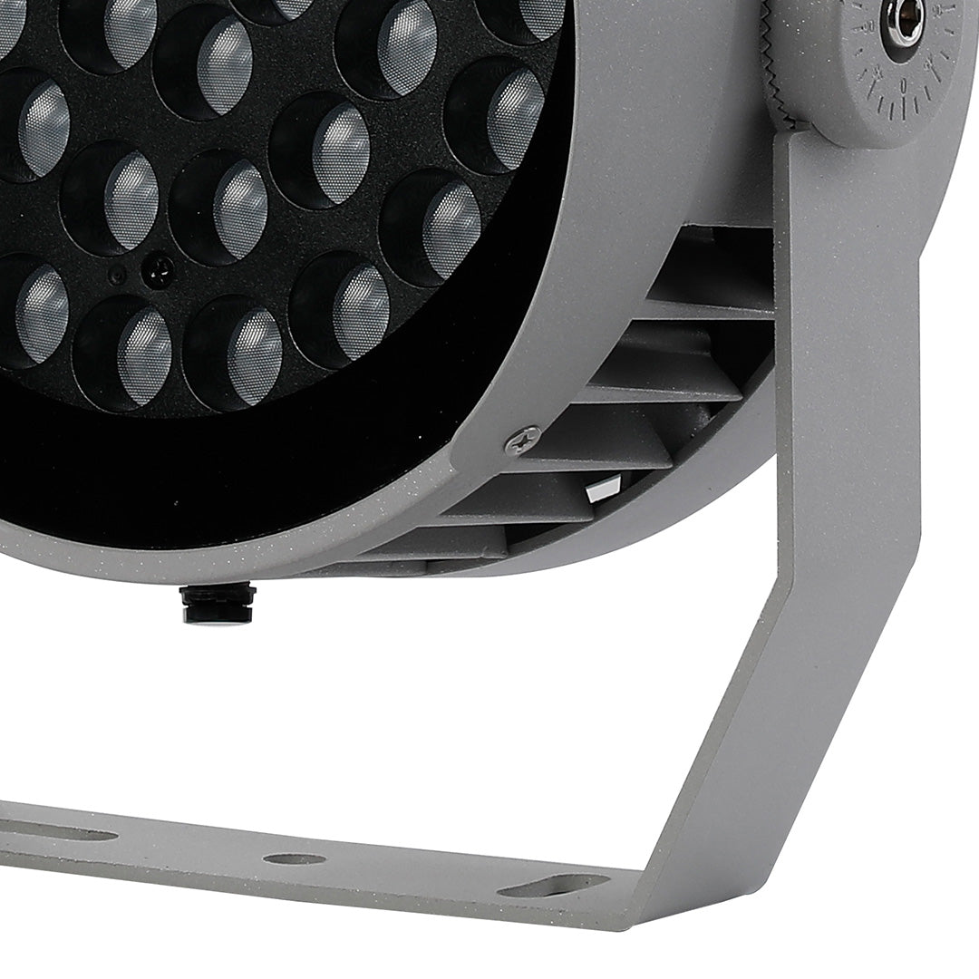 Side angle of outdoor lighting LED spotlight displaying heat sink cooling system and mounting hardware