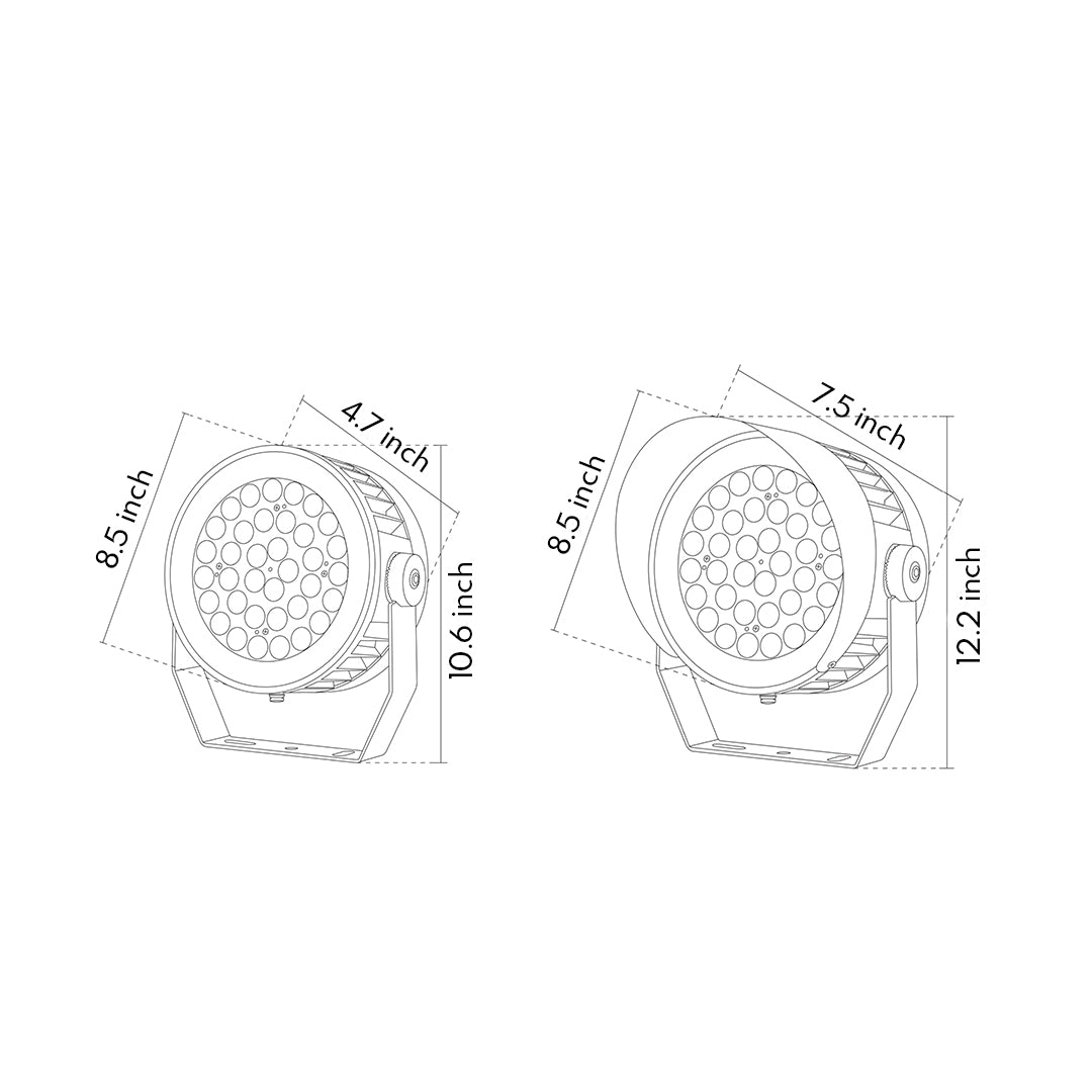 Technical diagram of outdoor lighting LED spotlights showing beam patterns and installation specifications