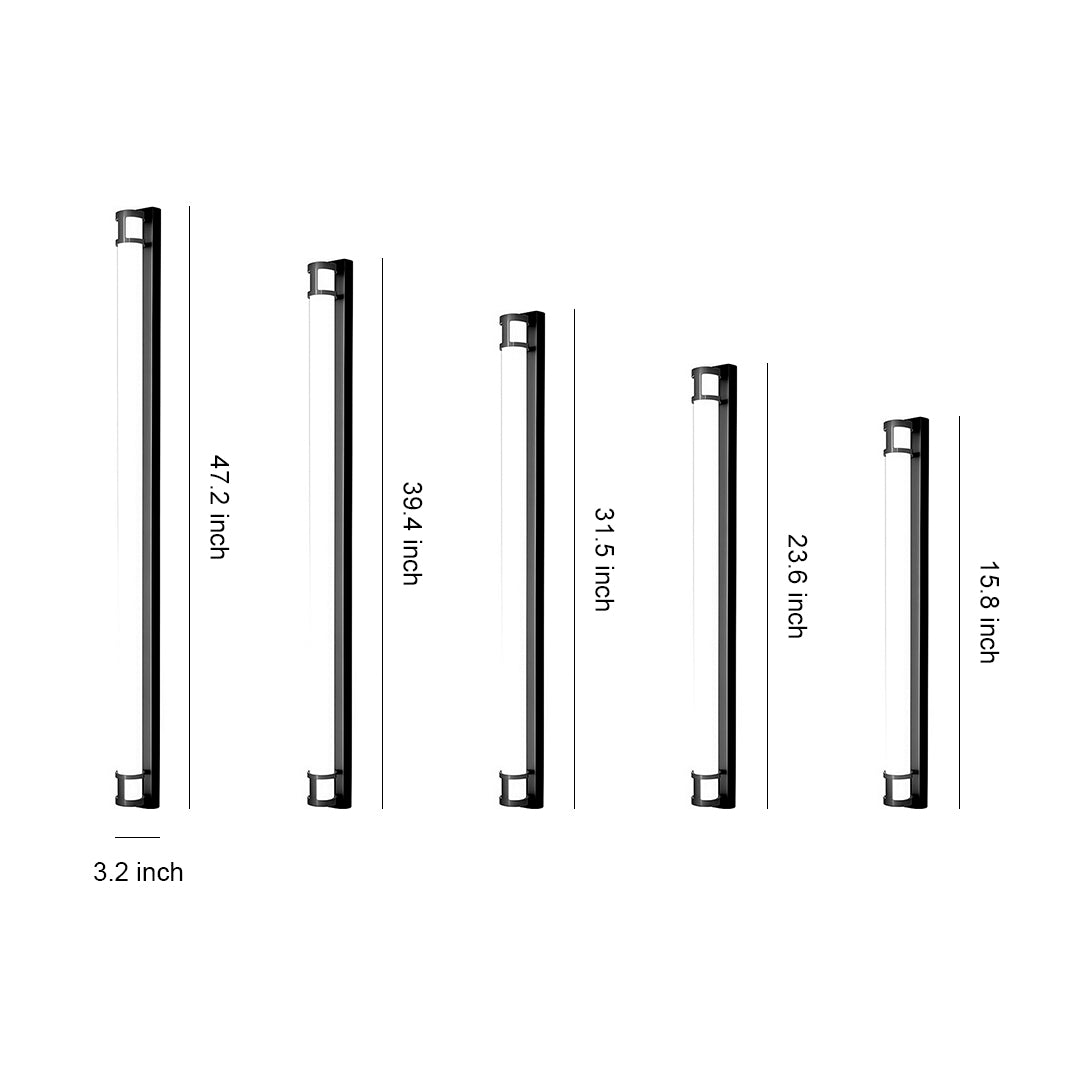 Outdoor led wall sconce lighting specification diagram showing five size options