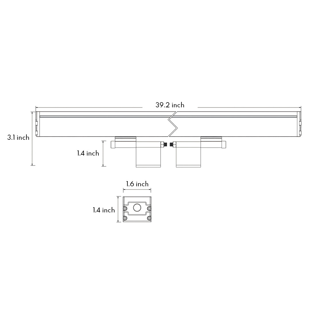 Technical drawing specifications for outdoor LED wall wash lighting fixture with mounting dimensions and installation details