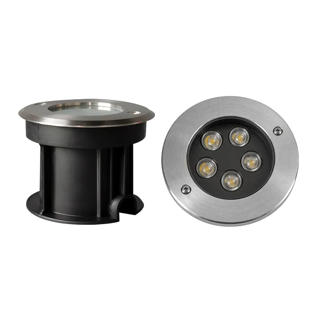 Outdoor LED waterproof embedded ground lights with four LED lenses and a round metal trim shown on white.