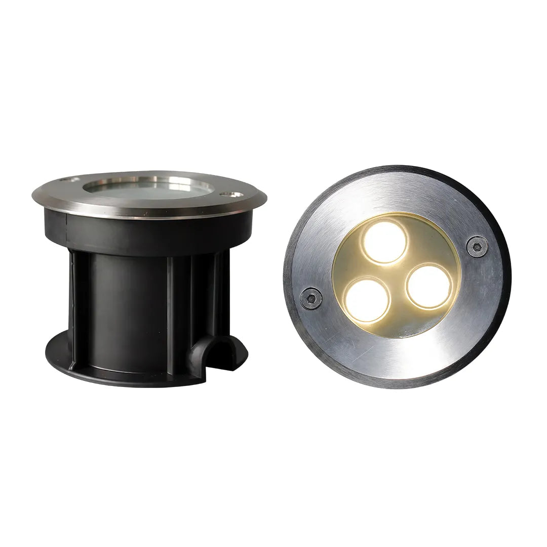 Outdoor LED waterproof embedded ground lights with three LED lenses and a round metal trim shown on white.