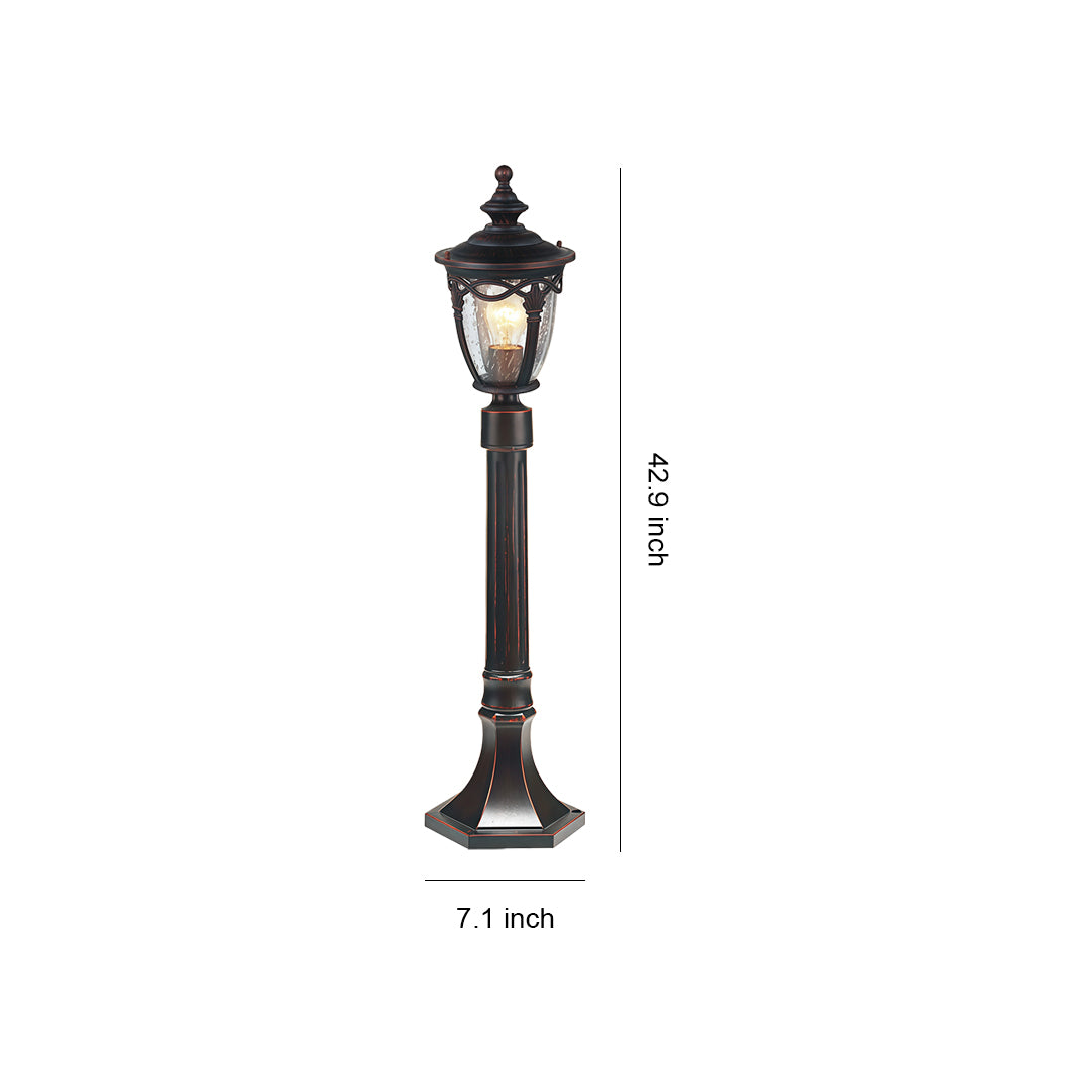 Outdoor light bollard with traditional lantern design and tall black post, shown with height measurement
