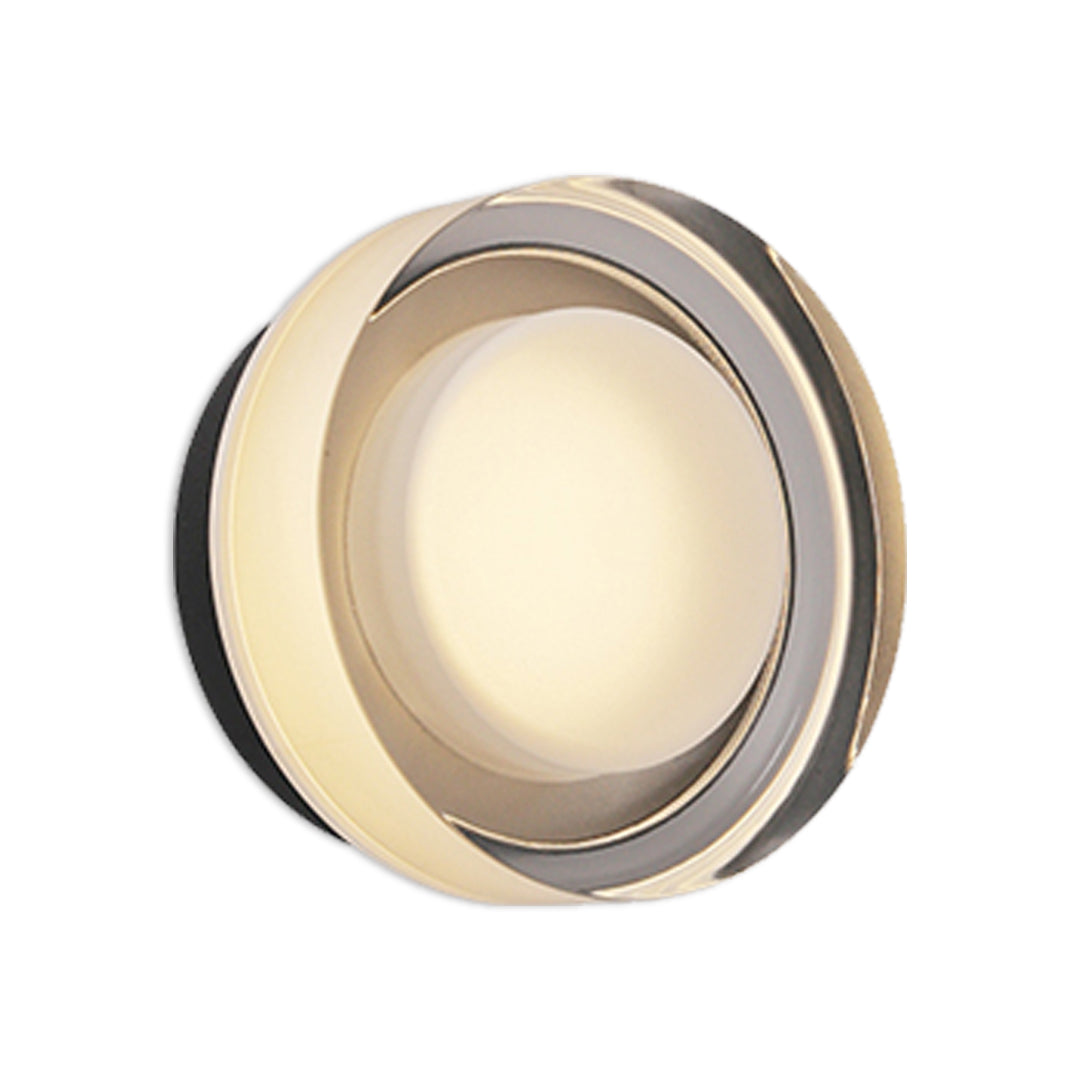 Contemporary circular outdoor light fixtures wall lamp with warm illumination and metallic edge detailing.