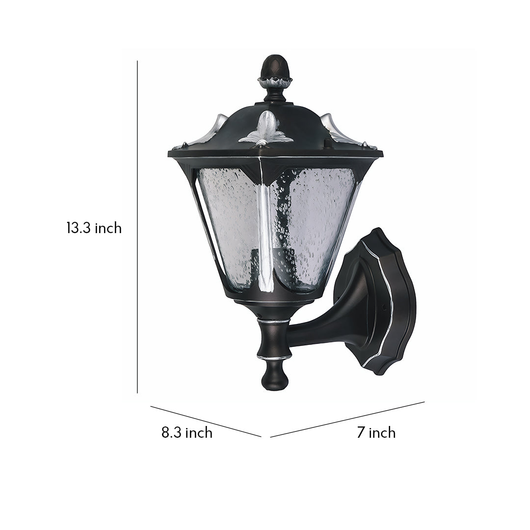 Outdoor light for wall with traditional lantern design and textured glass in black finish, shown with dimensions