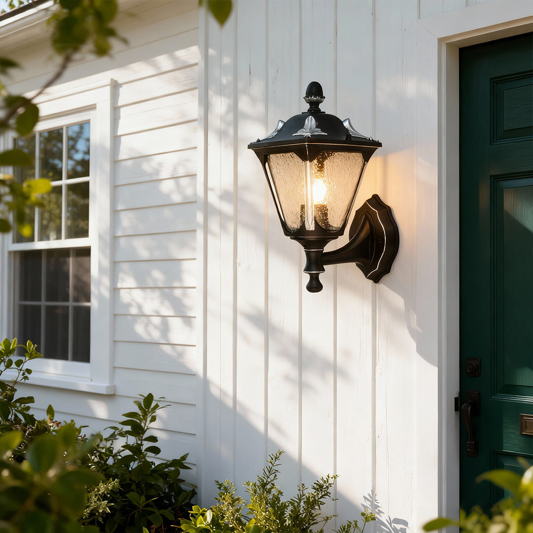 Outdoor light for wall brightening white siding near black door with green trim