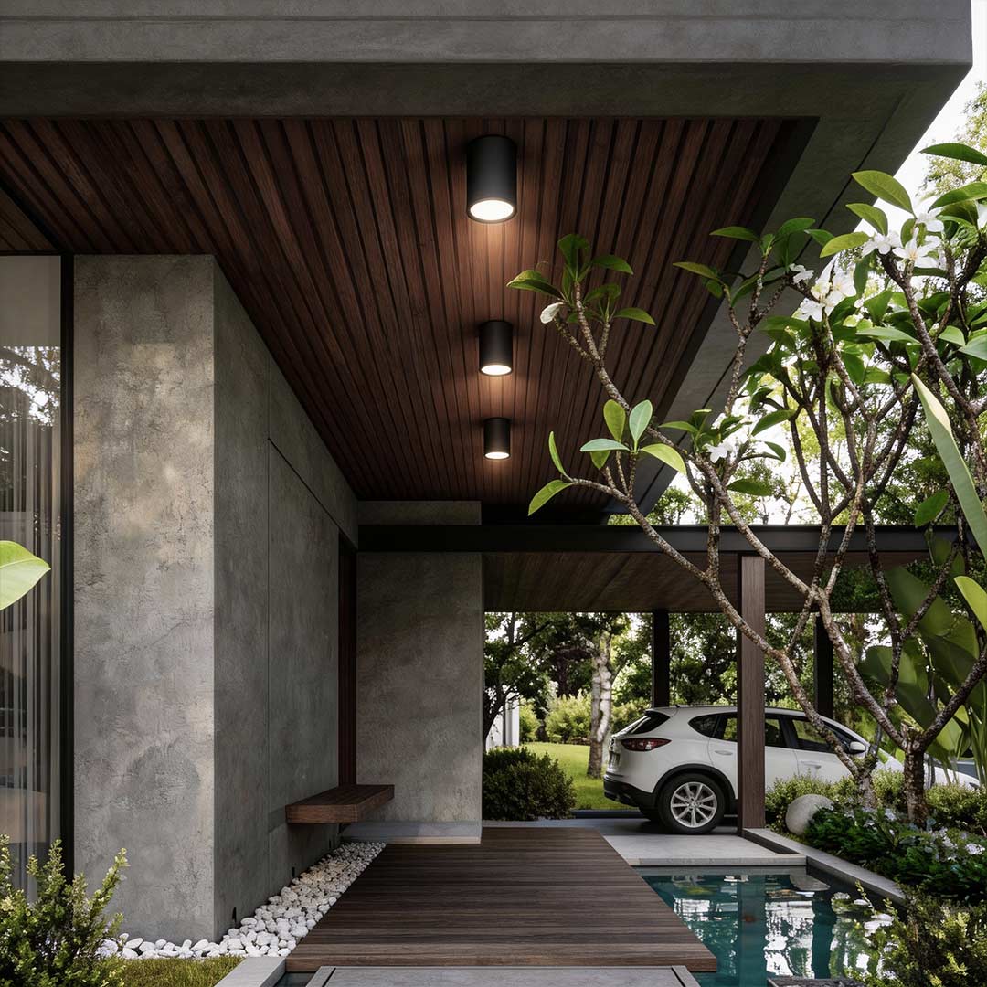 Outdoor lighting downlights enhancing a contemporary outdoor living area with elegant ambient light.
