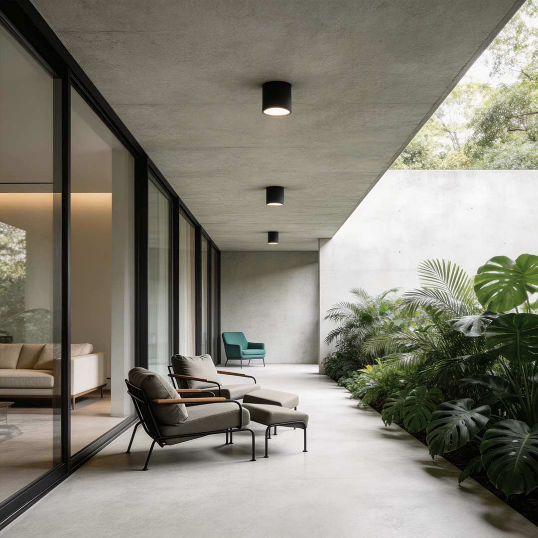 Outdoor lighting downlights illuminating a modern corridor with warm directional glow.