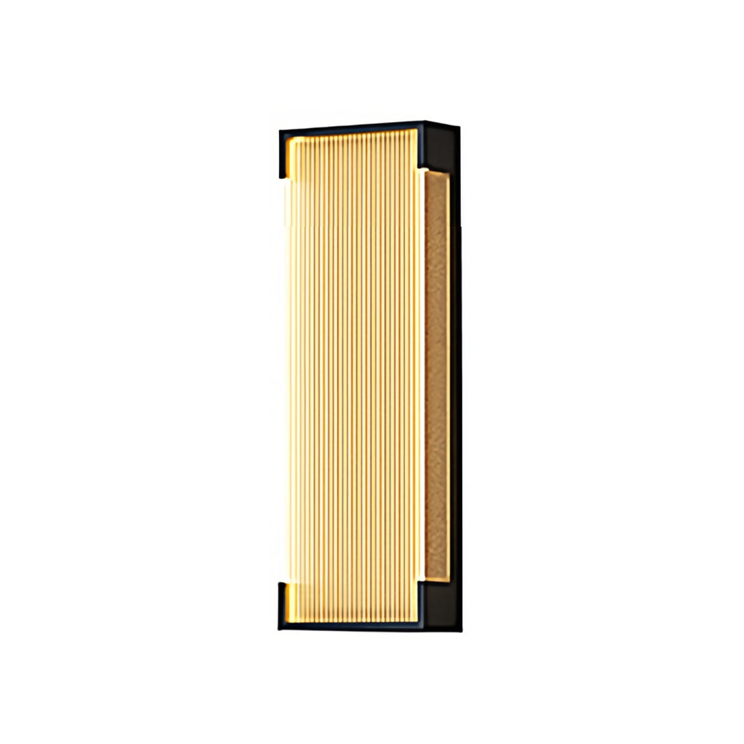 Modern gold outdoor lighting fixtures wall mounted featuring a narrow vertical glass rib texture showcased on a simple background.