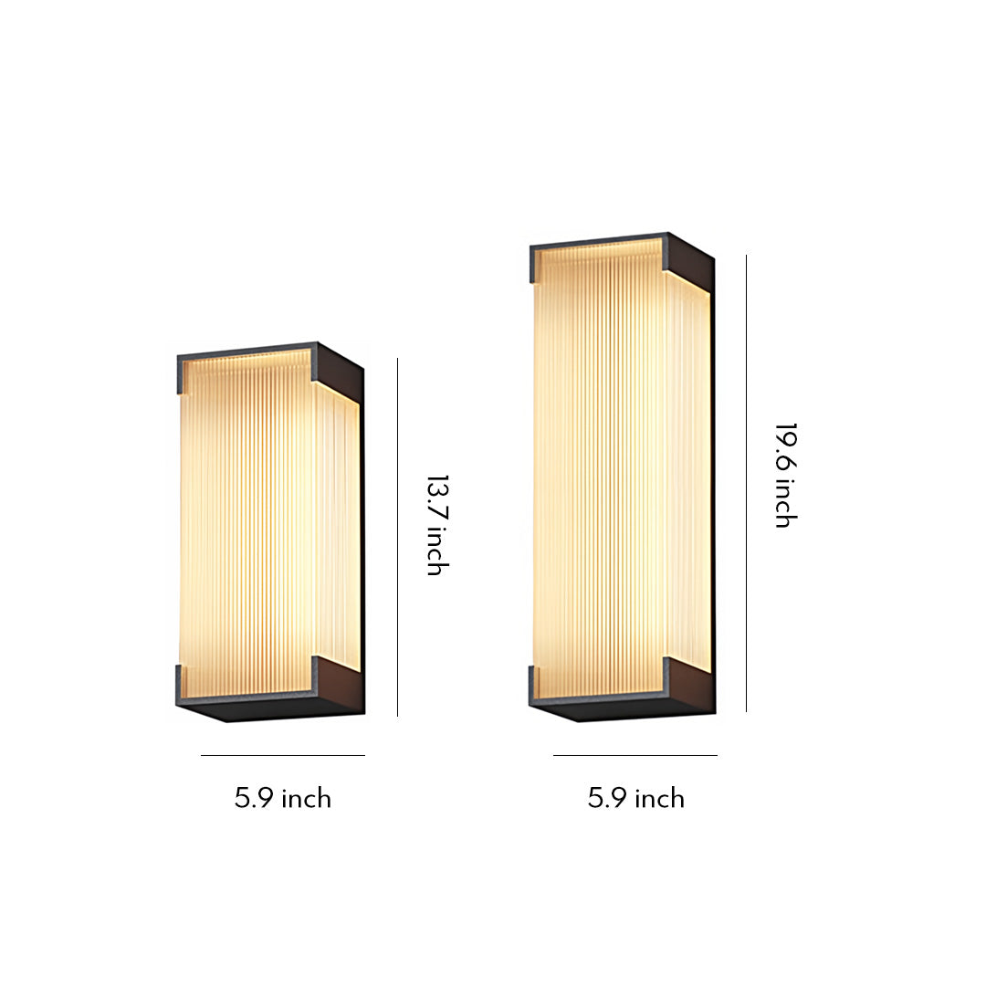Elegant gold outdoor lighting fixtures wall mounted with dual-size rectangular lantern design shown on a clean white background.