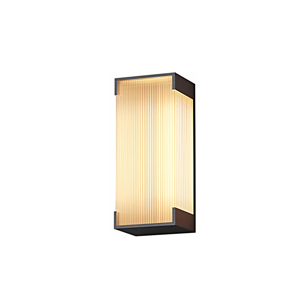 Compact gold outdoor lighting fixtures wall mounted featuring a ribbed glass panel and minimalist structure on white backdrop.
