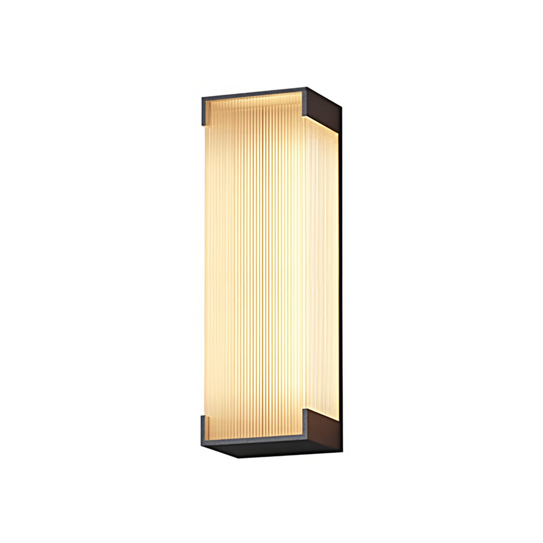 Tall gold outdoor lighting fixtures wall mounted with vertical ribbed glass diffuser displayed on a plain white background.