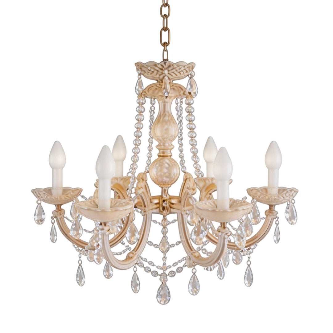Outdoor lighting hanging with crystal details, providing ambient lighting.