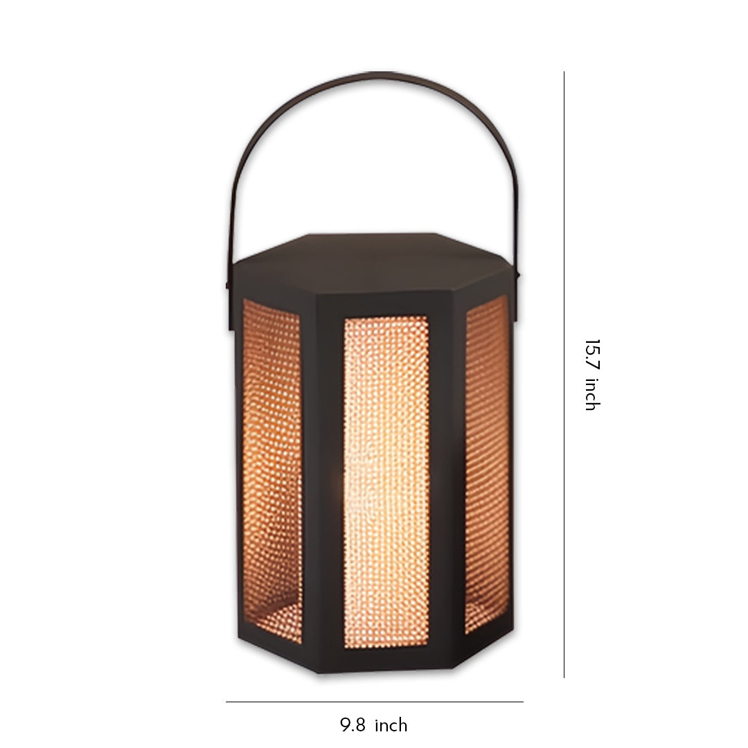 Hexagonal outdoor lighting lanterns with a warm glowing interior and a black metal frame.