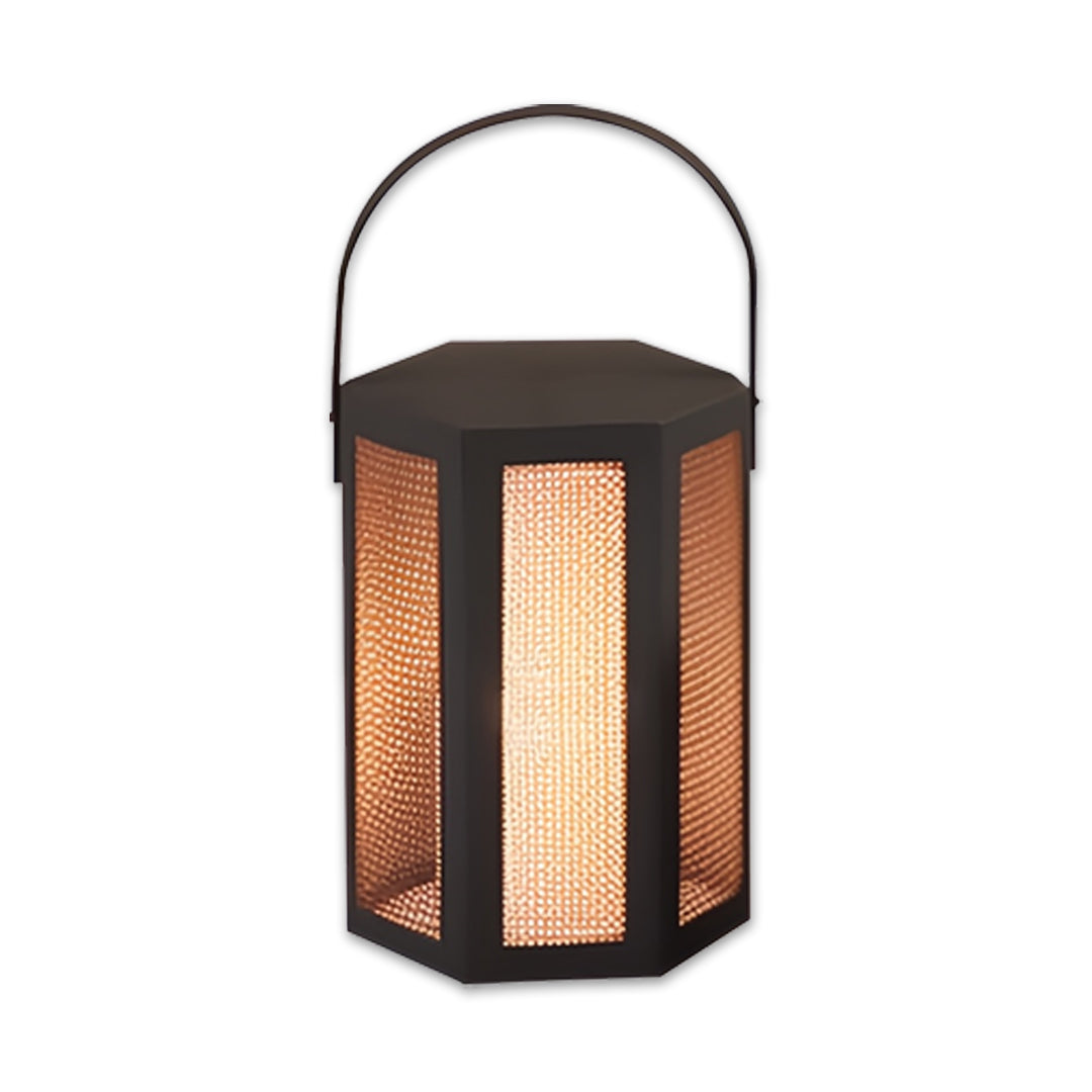 Portable outdoor lighting lanterns featuring a hexagonal mesh design and a carrying handle.