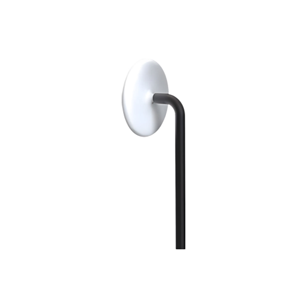 Single modern outdoor lighting path lights fixture with a curved arm and round head on a clean white background.