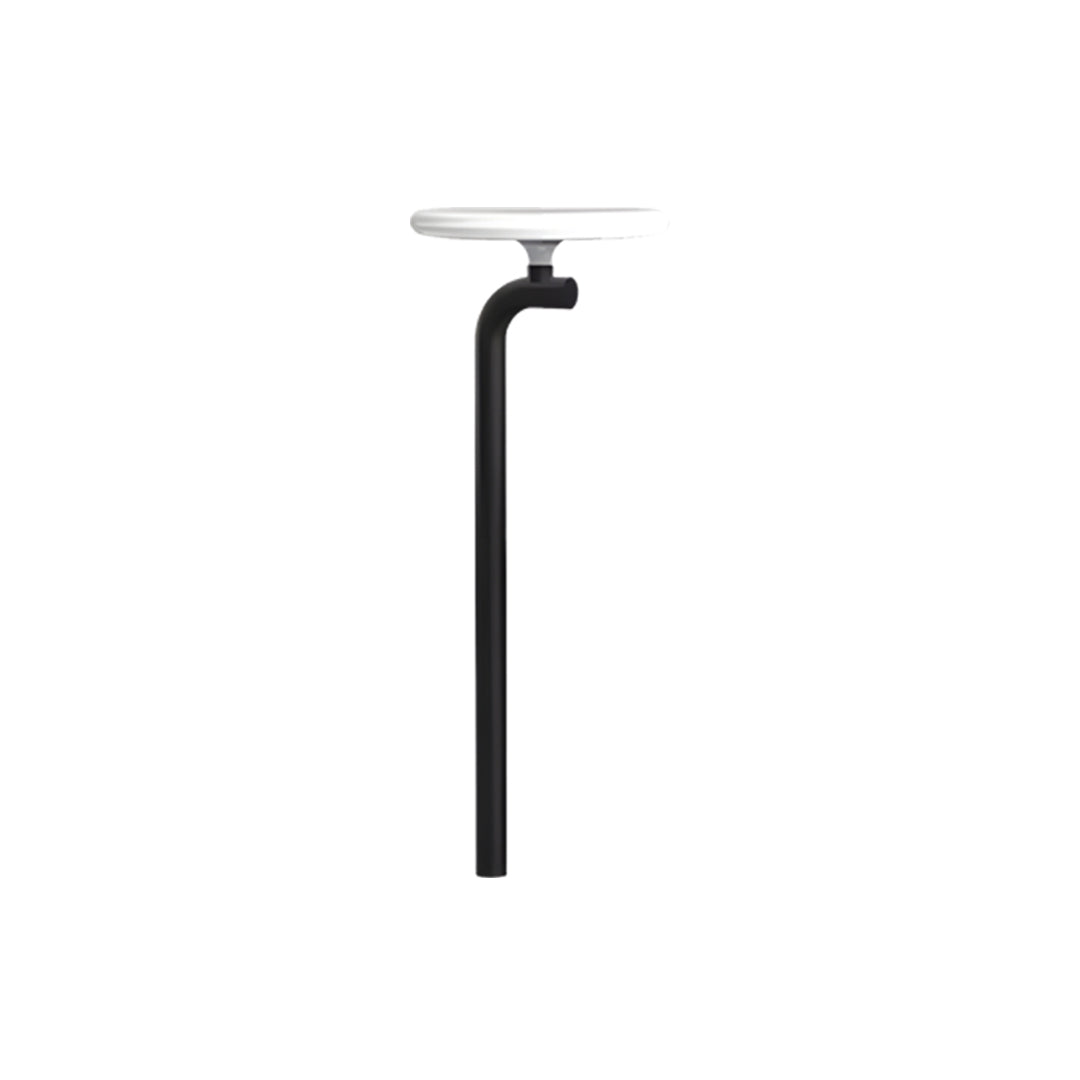 Minimal outdoor lighting path lights fixture featuring a straight pole and compact circular lamp head.