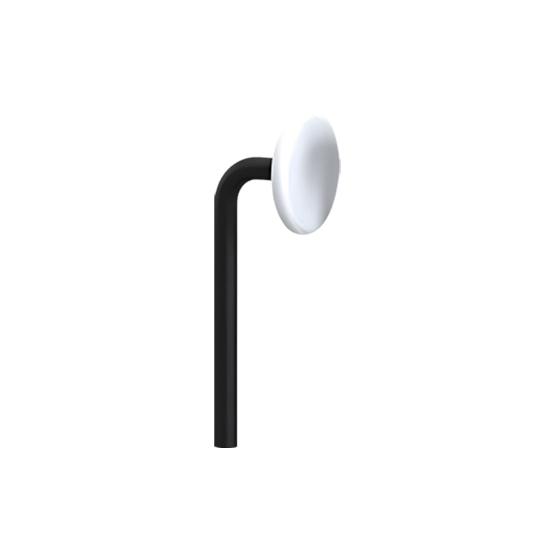 Slim outdoor lighting path lights fixture with a side-mounted round lamp on a tall pole.