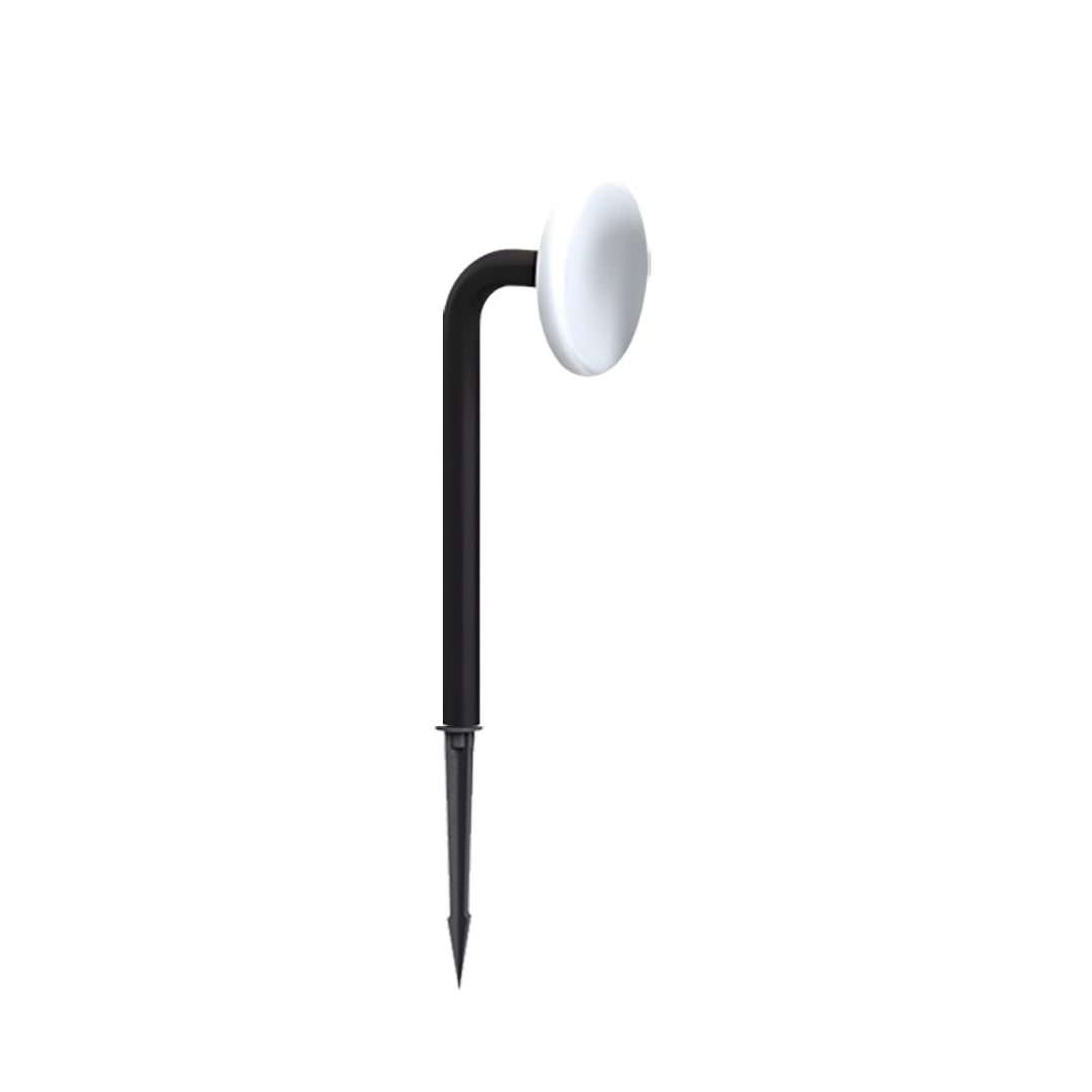 Modern outdoor lighting path lights fixture with gently curved lamp arm and rounded head.