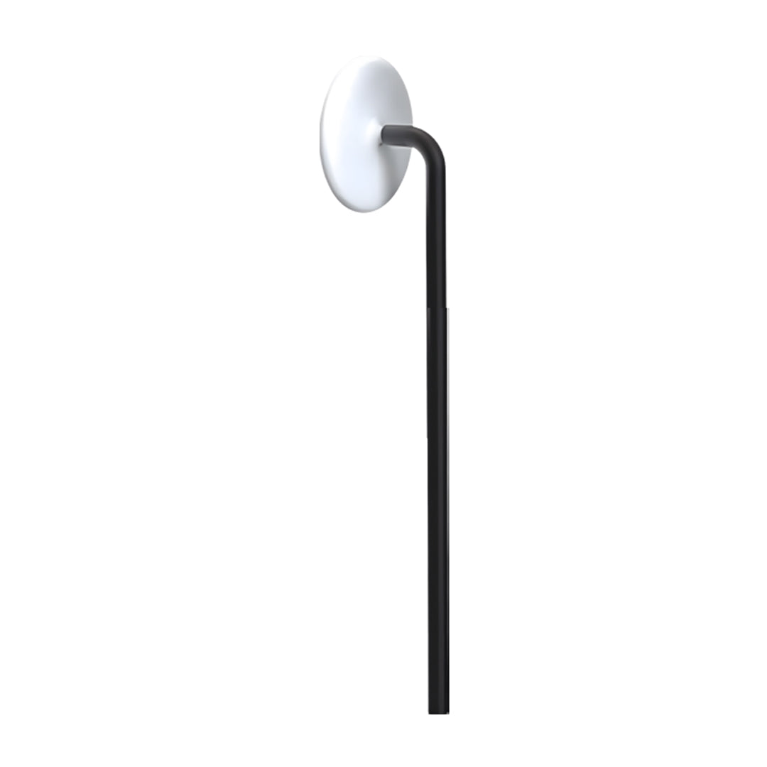 Tall slim outdoor lighting path lights unit with a curved upper arm and smooth round head.