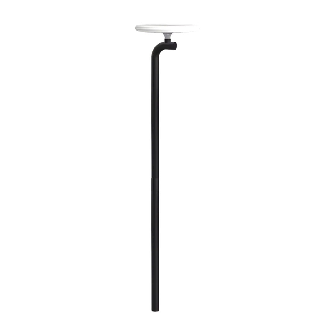 Minimalist outdoor lighting path lights fixture with straight pole and subtle top lamp.