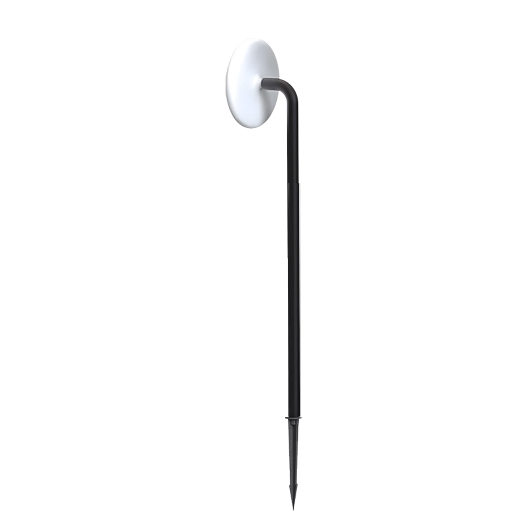 Outdoor lighting path lights fixture with a white curved neck and rounded lamp head.
