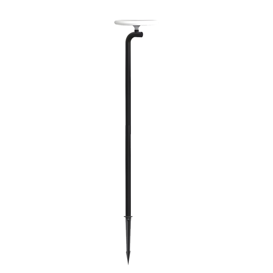Minimalist tall outdoor lighting path lights with straight black pole and small top lamp.