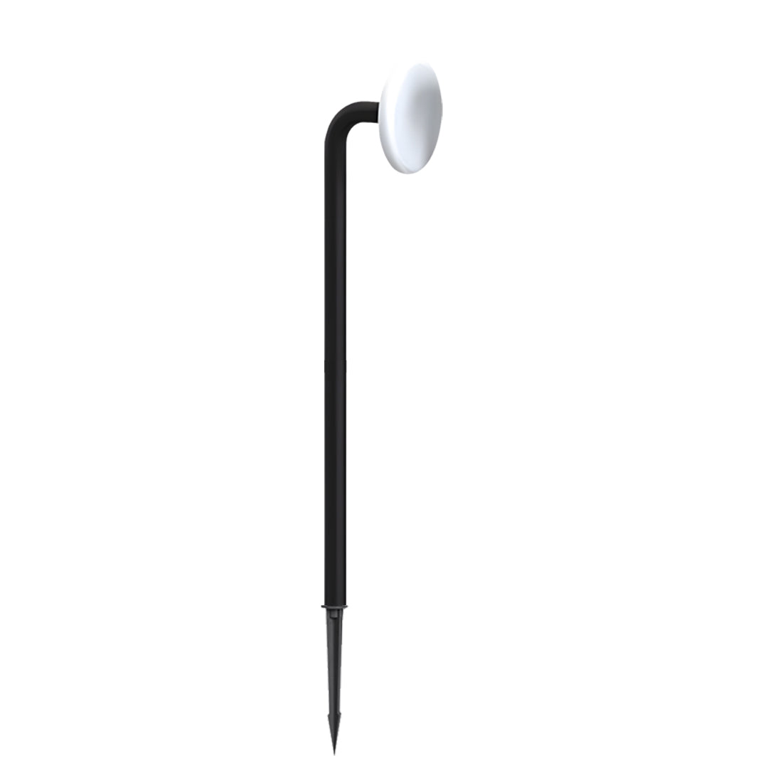 Outdoor lighting path lights fixture featuring a curved arm and compact lamp head.