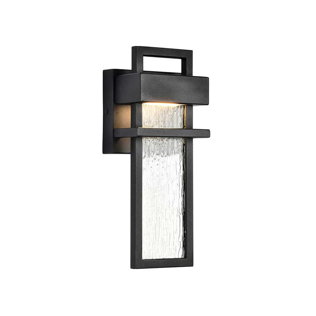 contemporary black outdoor lighting wall mount with frosted glass glowing warmly