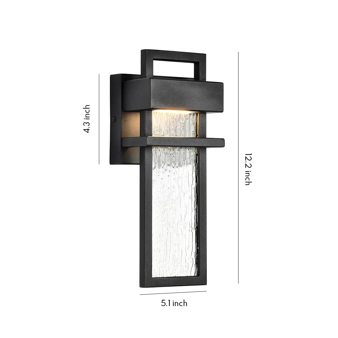 black outdoor lighting wall mount with modern rectangular frame and textured glass panel