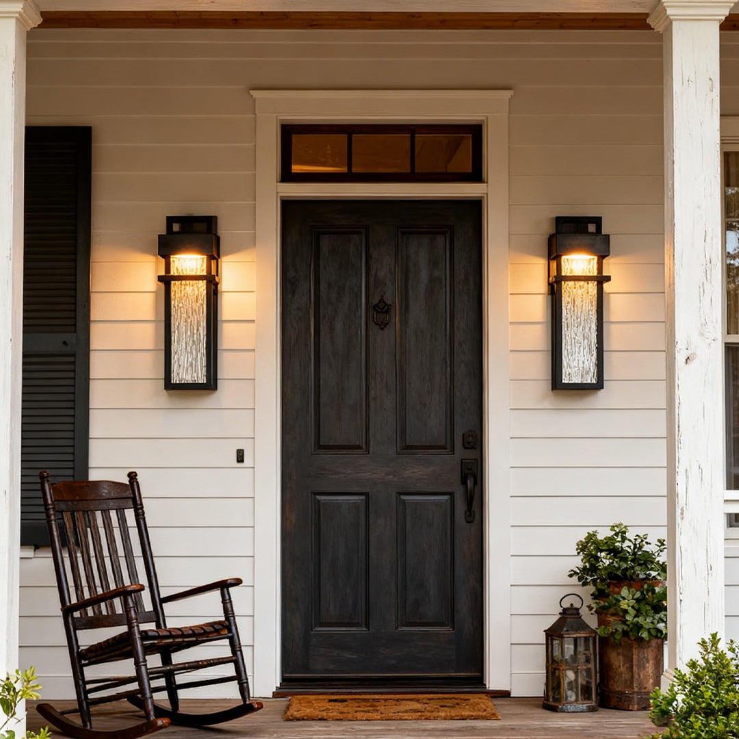 stylish black outdoor lighting wall mount illuminating white wooden porch entrance