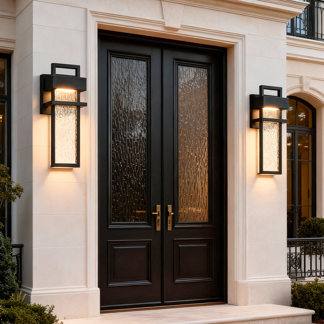 elegant black outdoor lighting wall mount installed beside double front doors of modern home