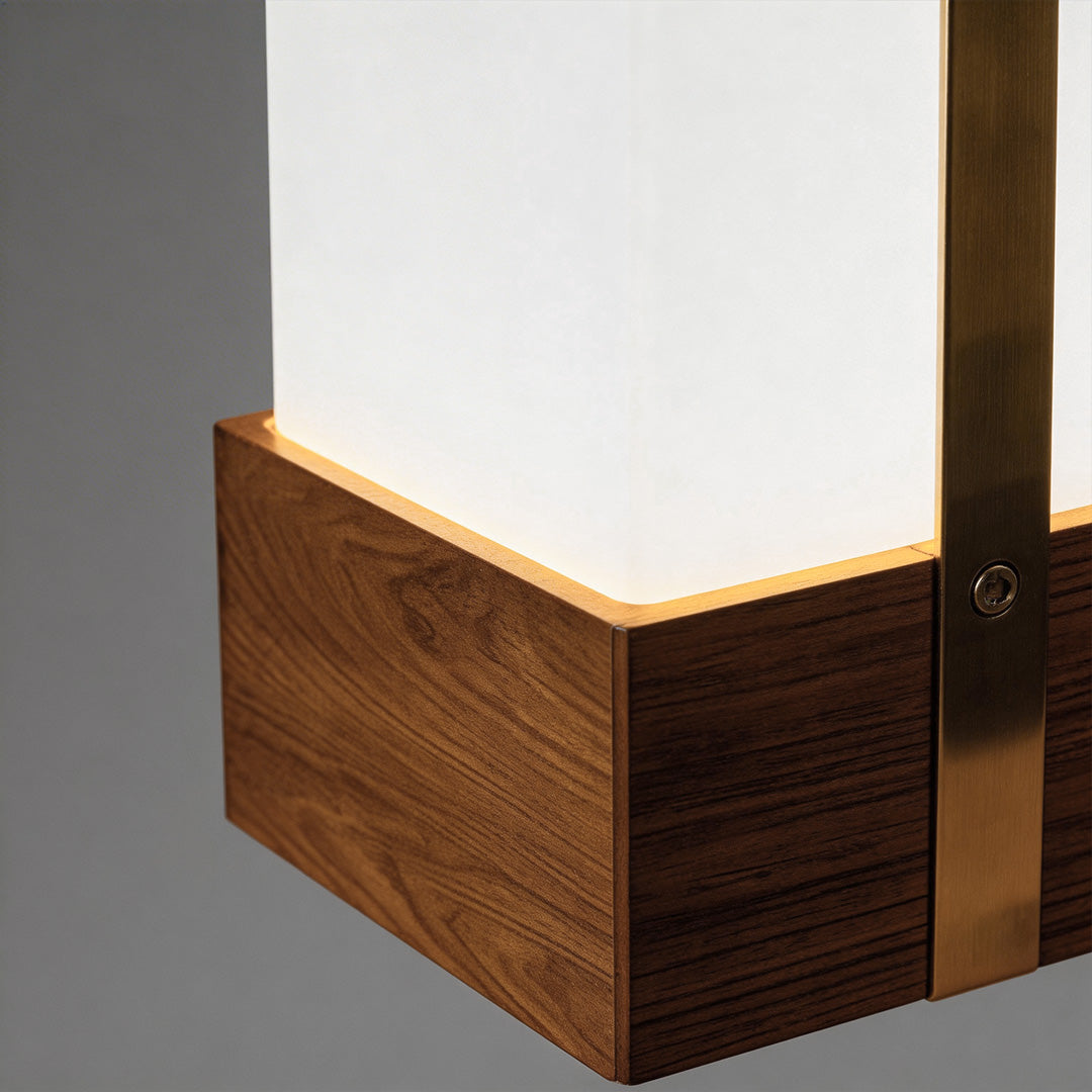 Close-up of outdoor lights lanterns showcasing its wooden frame and modern design.